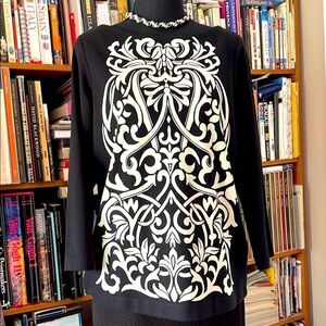 J. McLaughlin Black & Cream Jacquard Print Jersey Crew Neck Size M